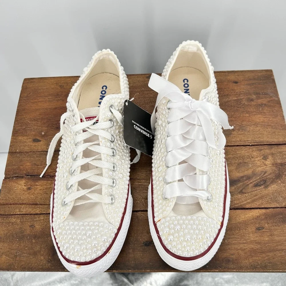 Converse All Star Pearl Embellished Low  Sneakers Ivory Bridal‎ Shoes Womens 8.5